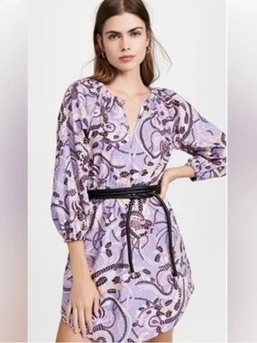 A.LC. Rosanna Purple Printed Mini Dress Leather Tie Belt Poplin Cotton Boho 4
